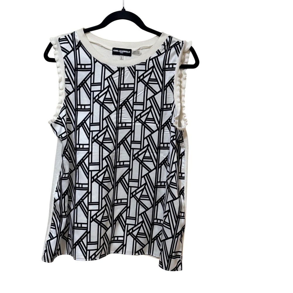 Karl Lagerfeld Paris Womens Geometric Ruffle Trim Sleeveless Knit Back Top M